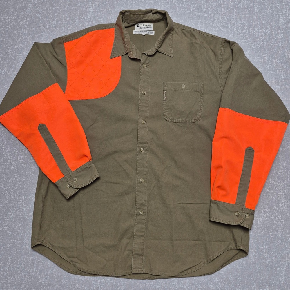 Columbia Sportswear Hunting Shirt Mens Large Olive Blaze Orange Shooting Patch